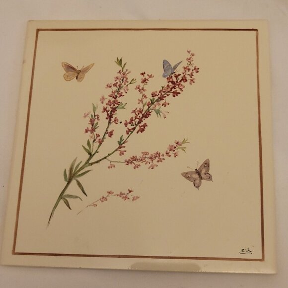 Vintage Hand Painted Floral Bonna Tile From Germany, Butterflies Flowers 6" - Picture 1 of 5